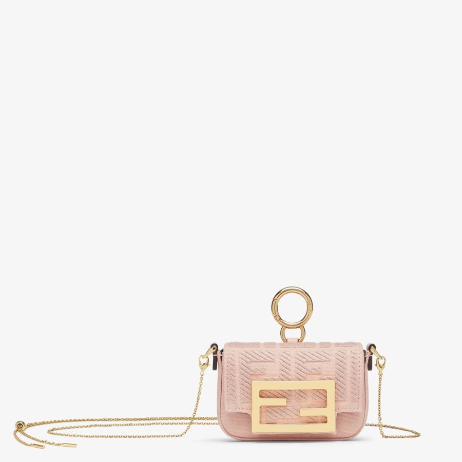 Damen Fendi Miniature Taschen | Anhanger Aus Canvas In Rosa Mit Ff-Stickerei