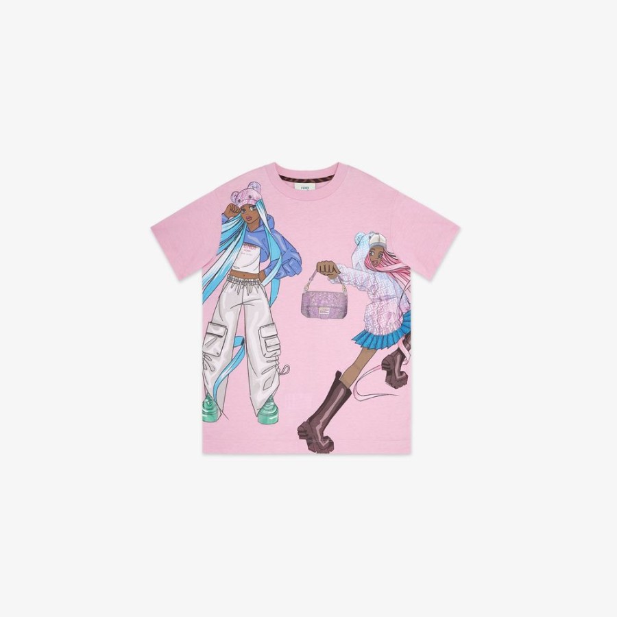 Kids Fendi Ready To Wear | Junior-T-Shirt Aus Jersey In Rosa, Mehrfarbig