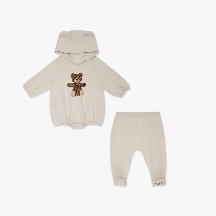 Kids Fendi Baby Junge | Babyset Aus Jersey In Beige Mit Barenaufdruck