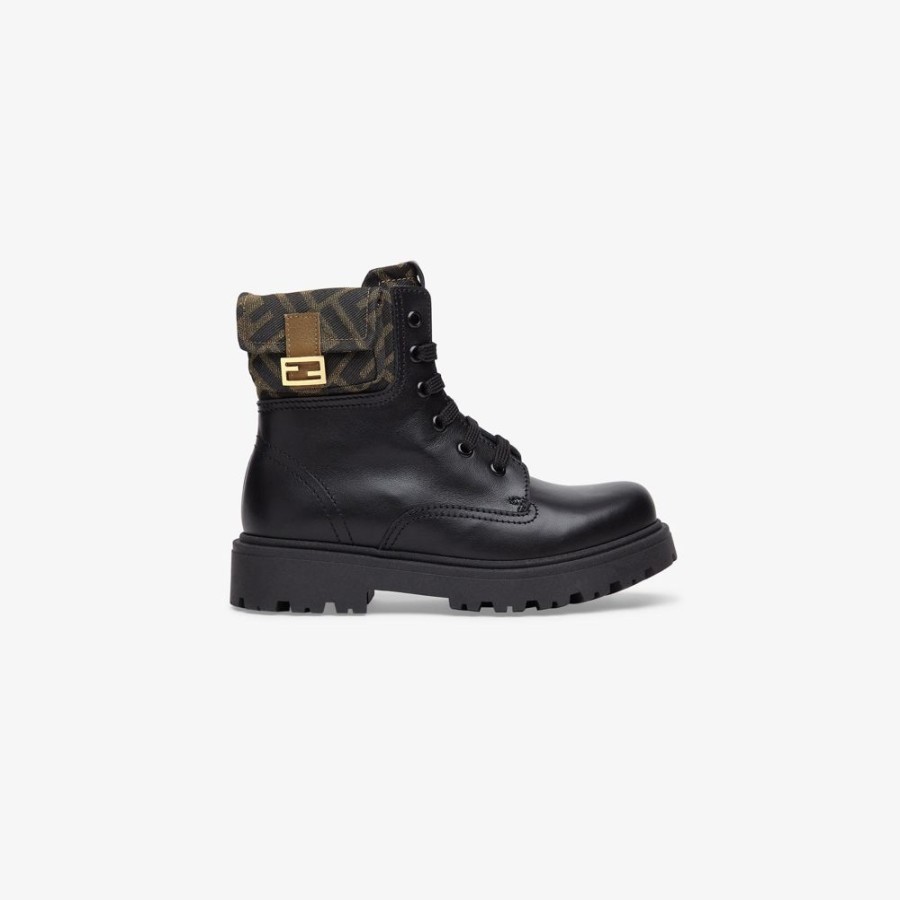 Kids Fendi Schuhe | Junior-Bikerstiefel Aus Nappaleder In Schwarz Und Obermaterial Mit Logo