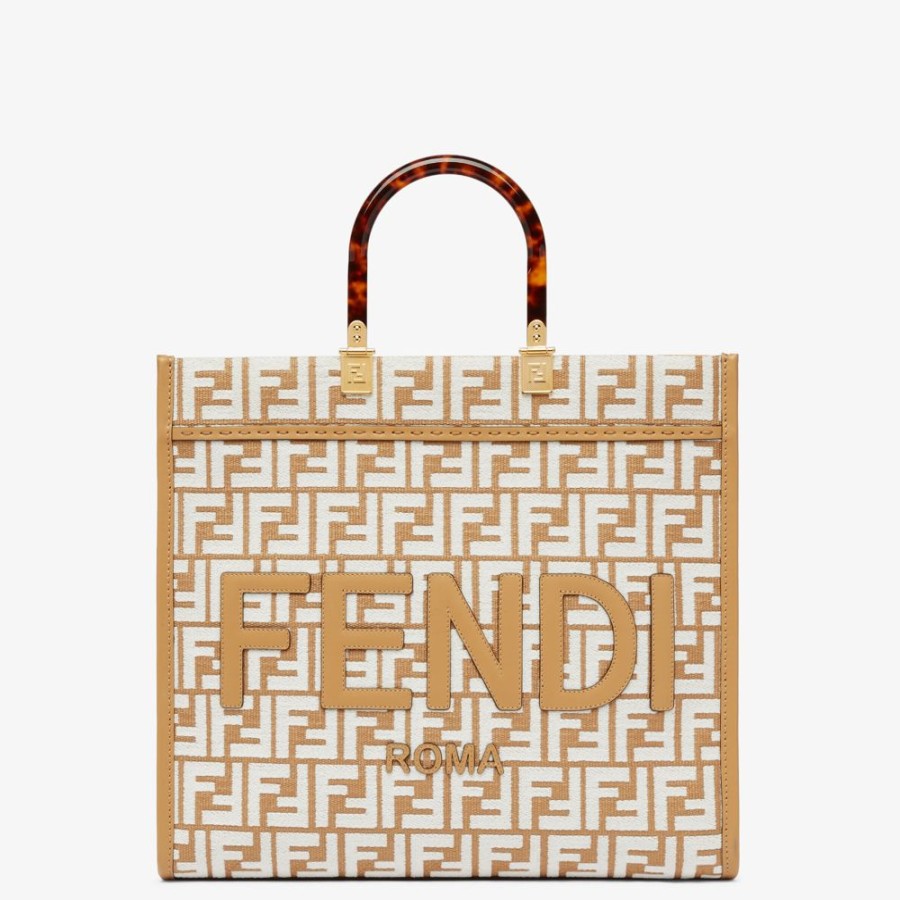 Damen Fendi Shopper-Taschen | Shopper Aus Raffia-Bast Mit Ff-Muster Aus Gobelingewebe In Weis