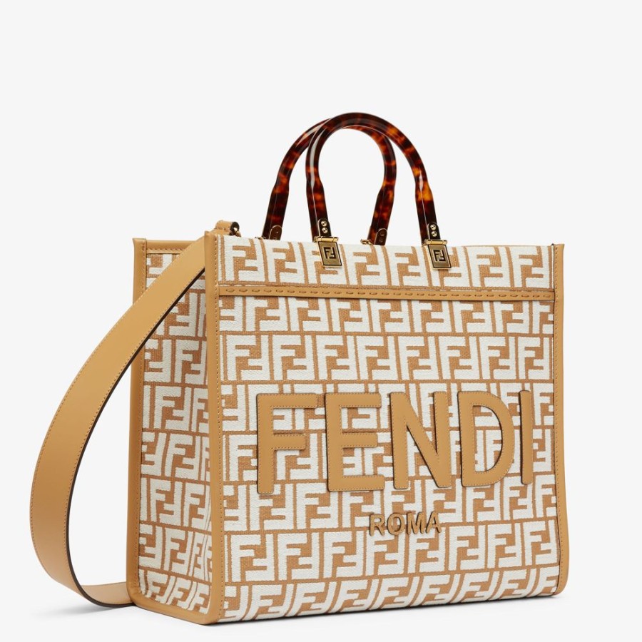 Damen Fendi Shopper-Taschen | Shopper Aus Raffia-Bast Mit Ff-Muster Aus Gobelingewebe In Weis