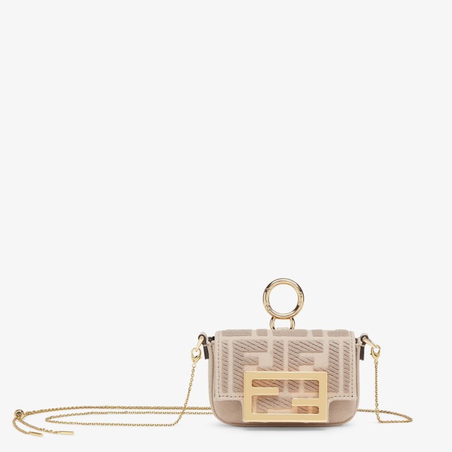 Damen Fendi Miniature Taschen | Anhanger Aus Canvas In Beige Mit Ff-Stickerei