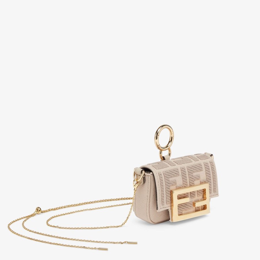 Damen Fendi Miniature Taschen | Anhanger Aus Canvas In Beige Mit Ff-Stickerei