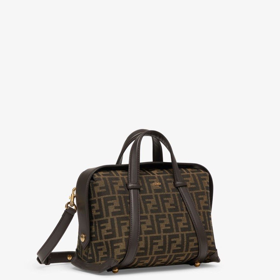 Damen Fendi Boston Bags | Tasche Aus Jacquardgewebe Mit Ff-Muster In Braun