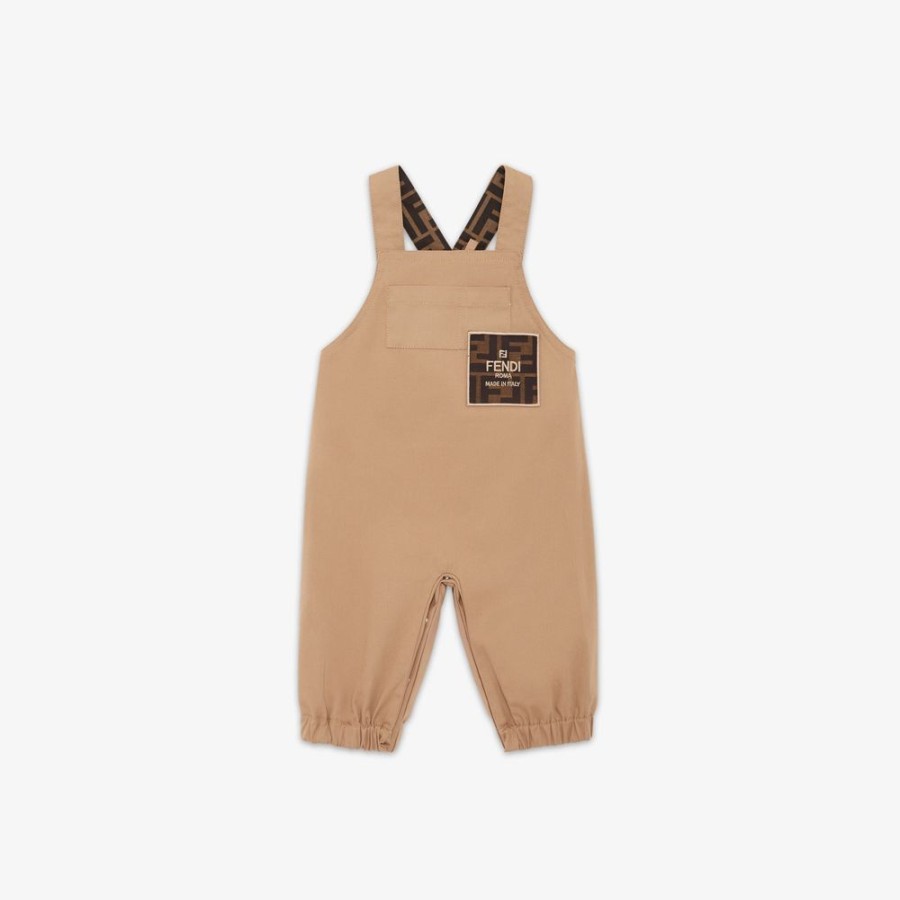 Kids Fendi Baby Madchen | Baby-Playsuit Aus Gabardine In Beige Mit Patch In Tabakbraun