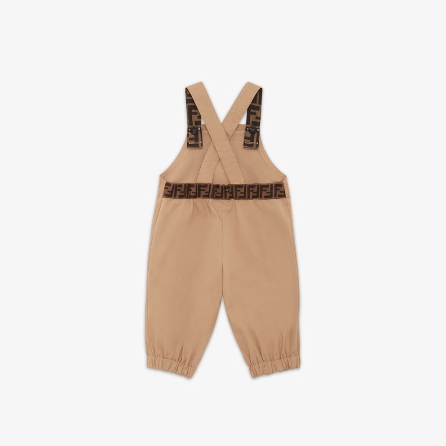 Kids Fendi Baby Madchen | Baby-Playsuit Aus Gabardine In Beige Mit Patch In Tabakbraun