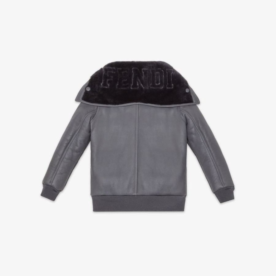 Kids Fendi Ready To Wear | Junior-Bomberjacke Aus Shearling In Grau Mit Logo