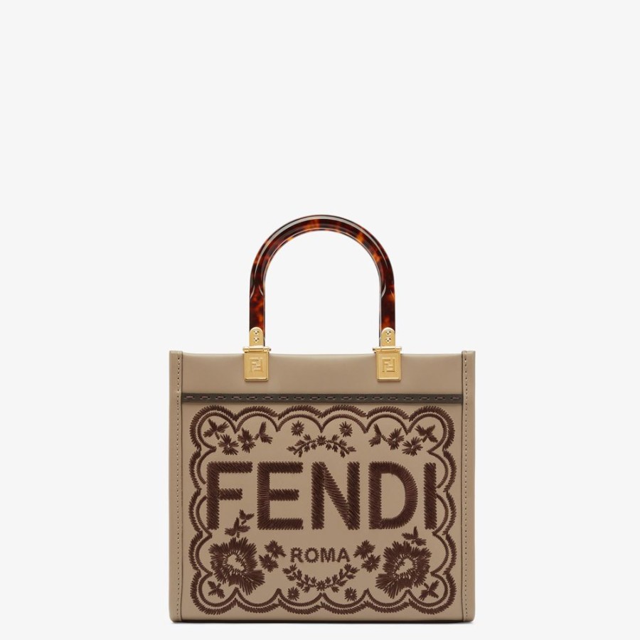 Damen Fendi Shopper-Taschen | Shopper Aus Leder In Taubengrau Mit Blumenstickerei