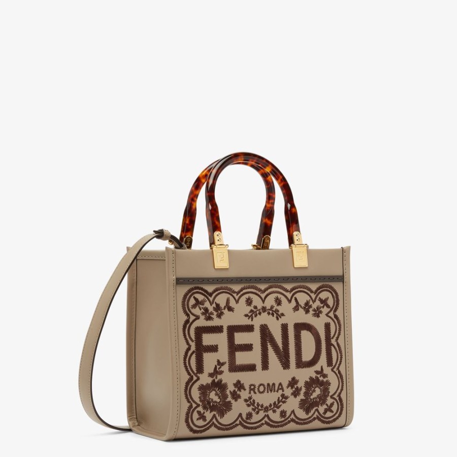 Damen Fendi Shopper-Taschen | Shopper Aus Leder In Taubengrau Mit Blumenstickerei