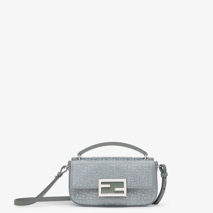 Damen Fendi Mini-Taschen | Handy-Pochette Aus Satin In Dunklem Graugrun Mit Kristallsteinen