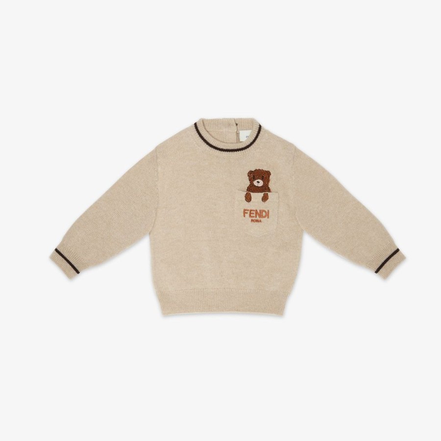 Kids Fendi Baby Junge | Baby-Pullover Aus 100 % Beigem Kaschmir Mit Barenstickerei