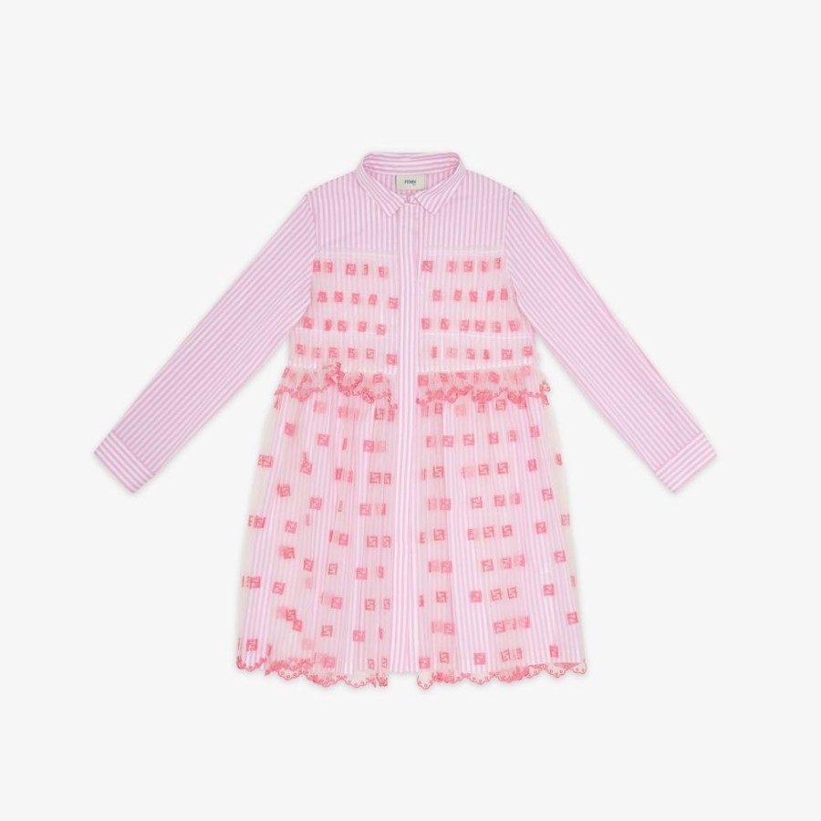 Kids Fendi Ready To Wear | Junior-Kleid Aus Popeline Und Tull In Fluoreszierendem Rosa