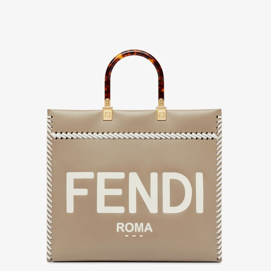 Damen Fendi Shopper-Taschen | Shopper Aus Leder In Taubengrau Mit Kontrastierenden Ziernahten