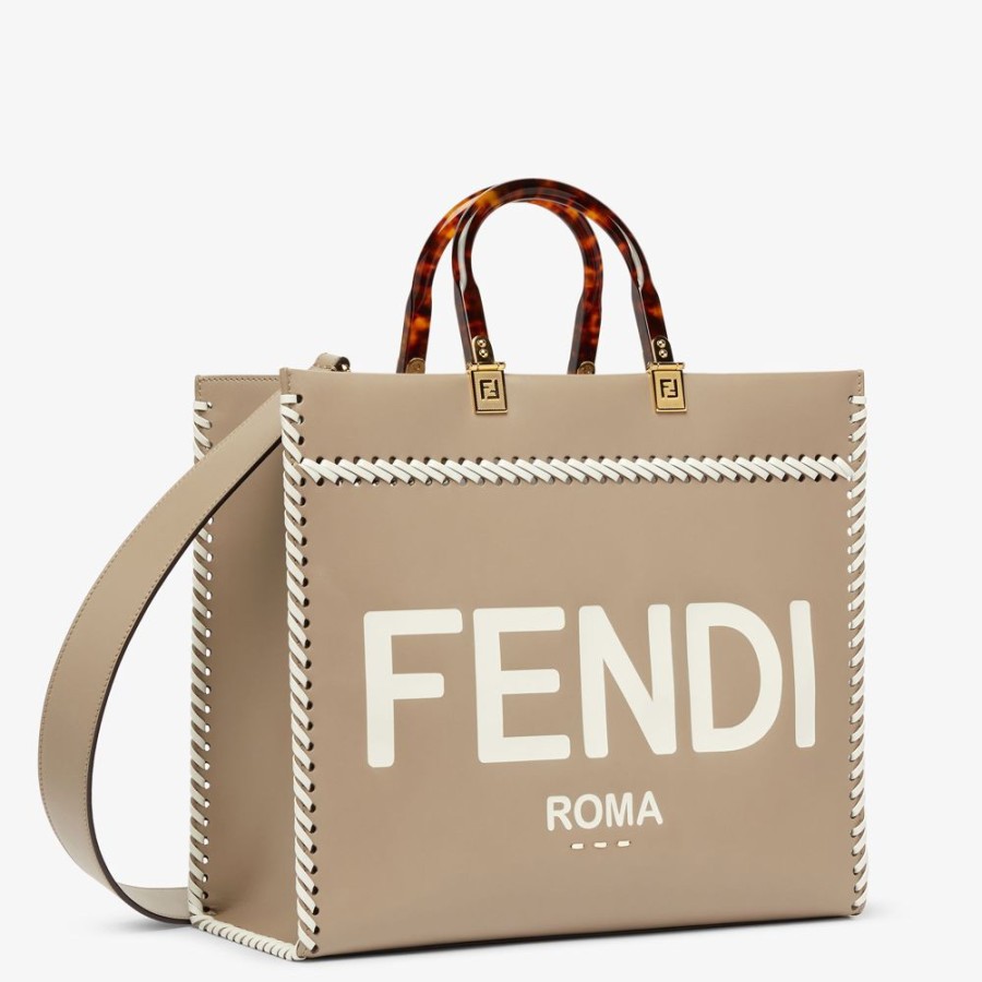 Damen Fendi Shopper-Taschen | Shopper Aus Leder In Taubengrau Mit Kontrastierenden Ziernahten