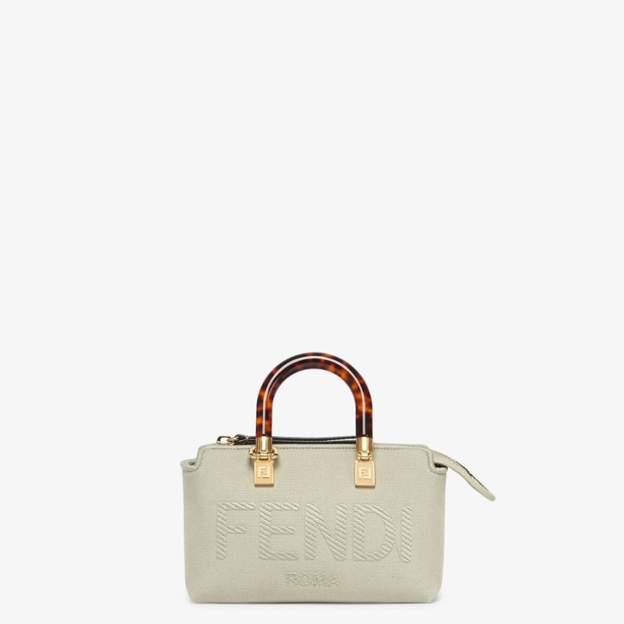 Damen Fendi Mini-Taschen | Boston Bag In Kleiner Grose Aus Canvas In Hellgrun Mit Fendi Roma-Stick