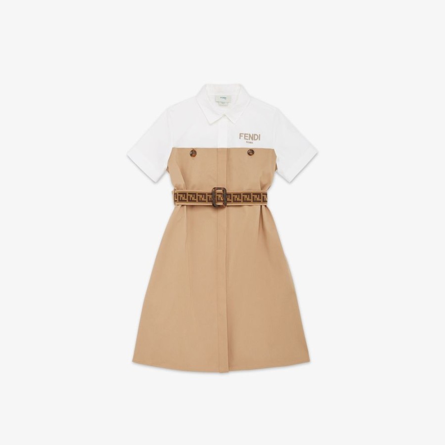 Kids Fendi Ready To Wear | Junior-Kleid Aus Gabardine In Beige