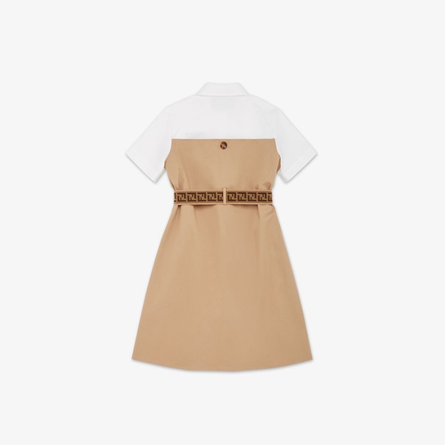 Kids Fendi Ready To Wear | Junior-Kleid Aus Gabardine In Beige