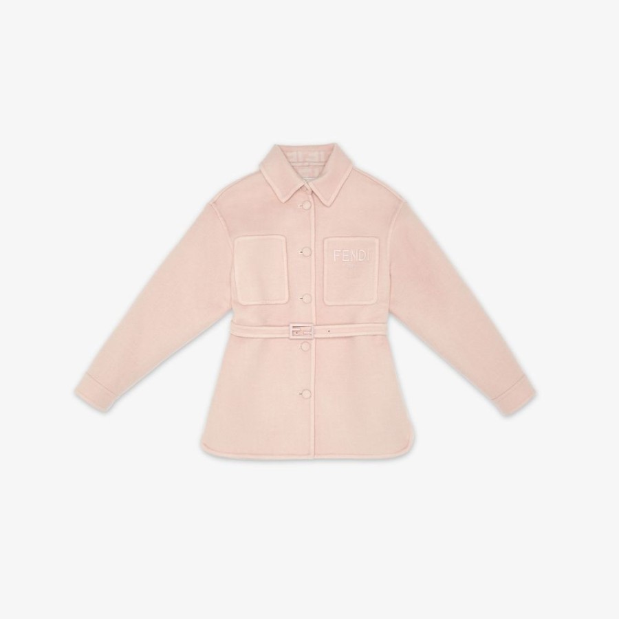 Kids Fendi Ready To Wear | Hemdjacke Aus Doppelseitigem Stoff In Rosa Mit Ff-Logo In Cremefarben Und In Rosa