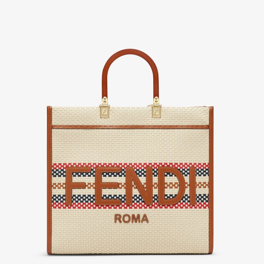 Damen Fendi Shopper-Taschen | Shopper Aus Geflochtenem Und Mehrfarbig Gestreiftem Stoff