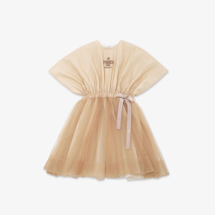 Kids Fendi Ready To Wear | Fendi Roma Kleid Aus Tull In Beige