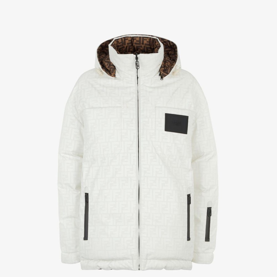 Damen Fendi Skiwear | Daunenjacke Aus Nylon Mit Ff-Details In Weis