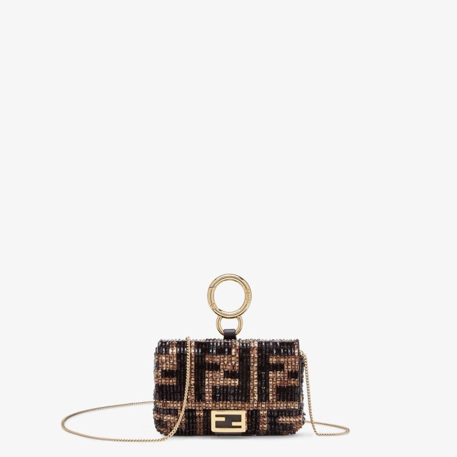 Damen Fendi Miniature Taschen | Anhanger Mit Perlen In Braun