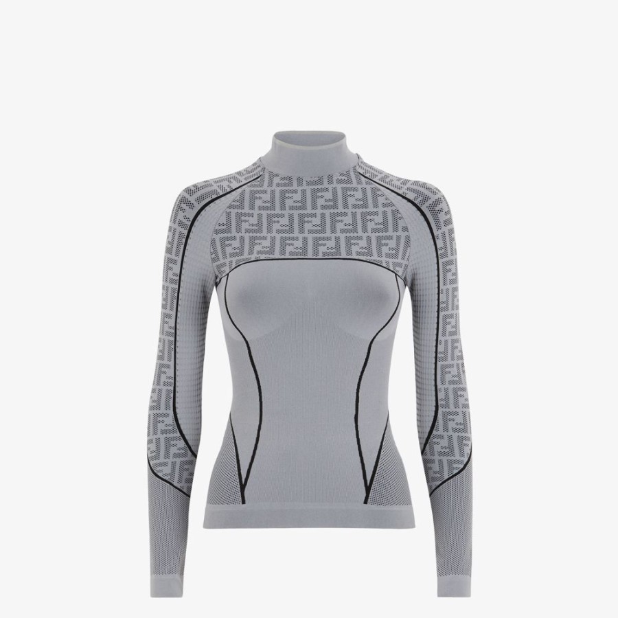 Damen Fendi Skiwear | Pullover Aus Technischem Gewebe Mit Ff-Motiv In Grau