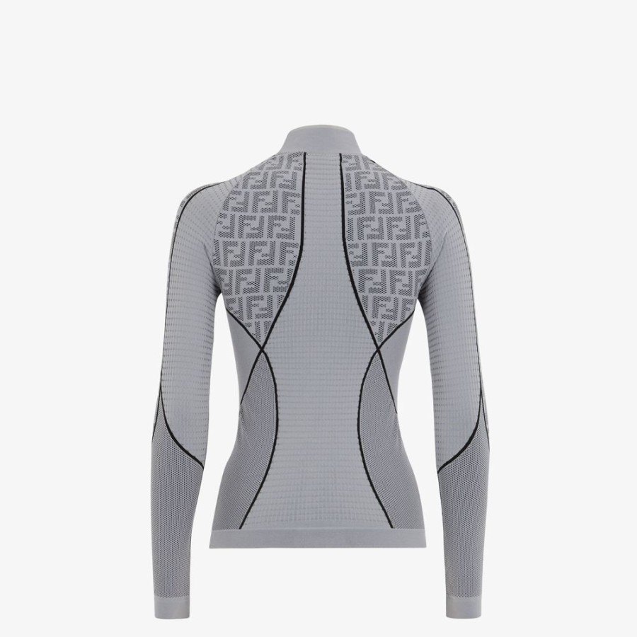 Damen Fendi Skiwear | Pullover Aus Technischem Gewebe Mit Ff-Motiv In Grau