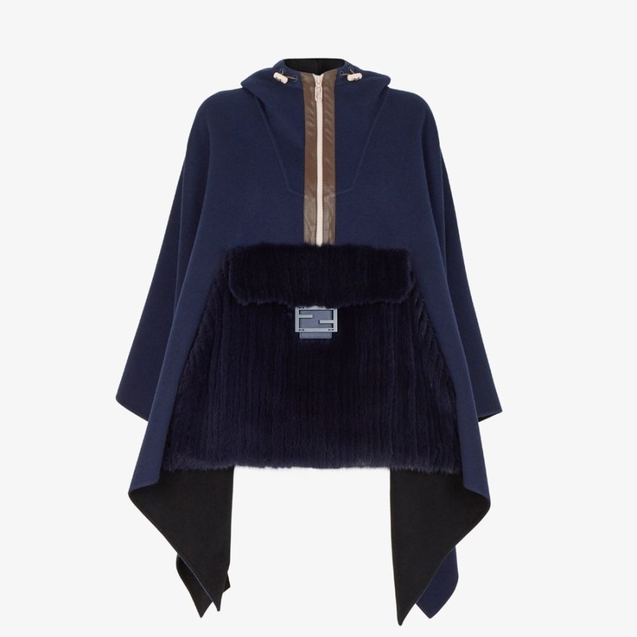 Damen Fendi Schals Und Ponchos | Poncho Aus Wolle Und Nerzpelz In Blau