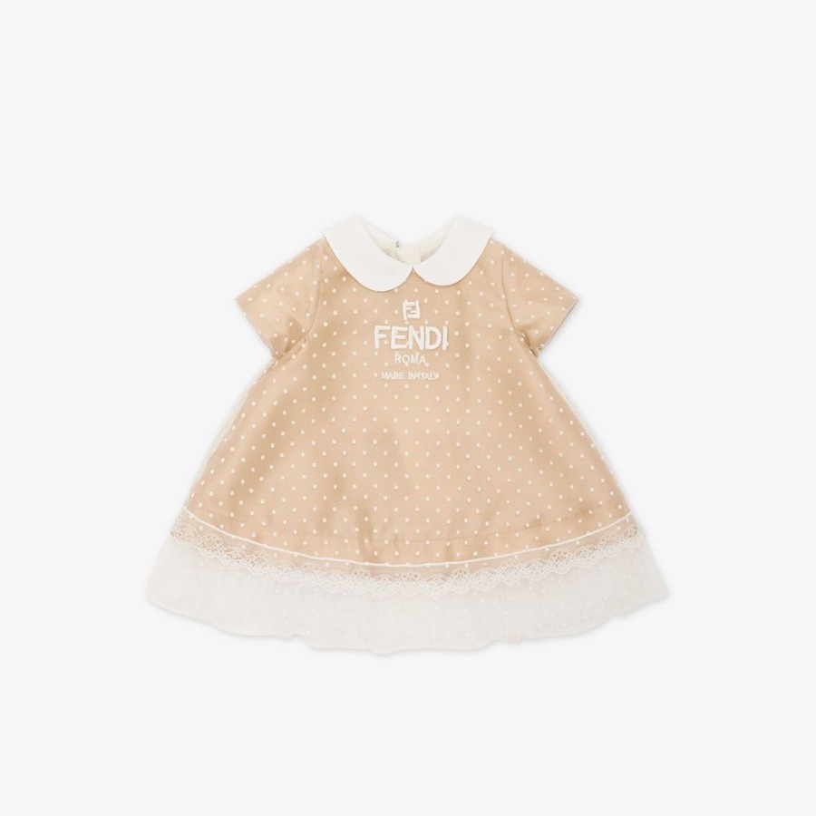 Kids Fendi Baby Madchen | Baby-Kleid Aus Duchesse Und Tull In Beige