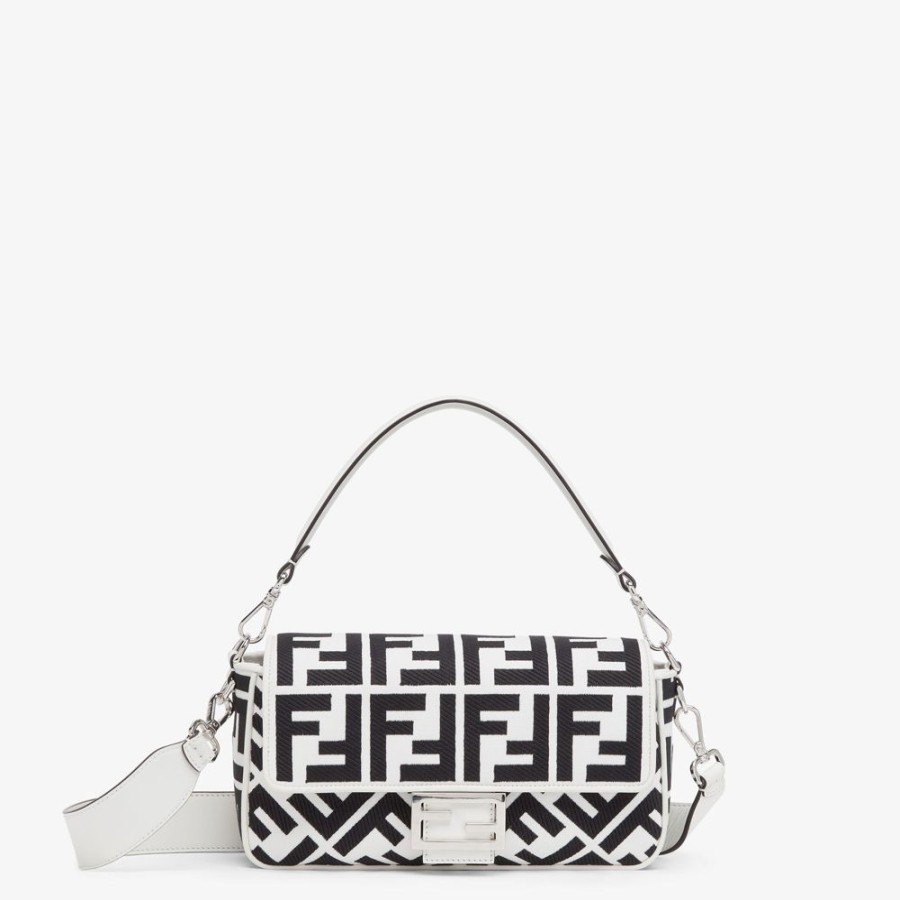 Damen Fendi Schulter- Und Crossbody-Taschen | Tasche Aus Canvas In Weis Und Schwarz Mit Ff-Stickerei