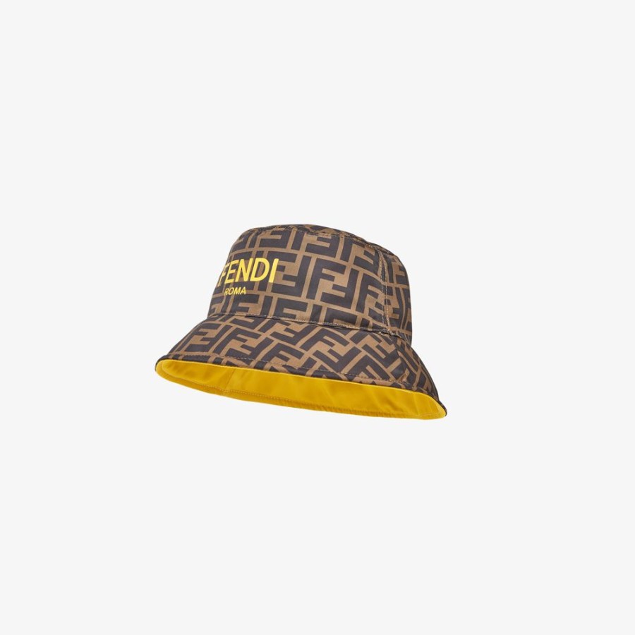 Kids Fendi Accessoires | Wendbare Cloche-Mutze Aus Nylon In Gelb Und Mit Ff-Print