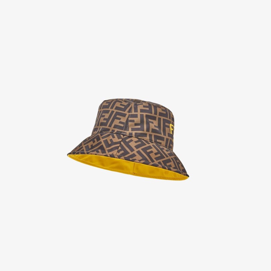 Kids Fendi Accessoires | Wendbare Cloche-Mutze Aus Nylon In Gelb Und Mit Ff-Print