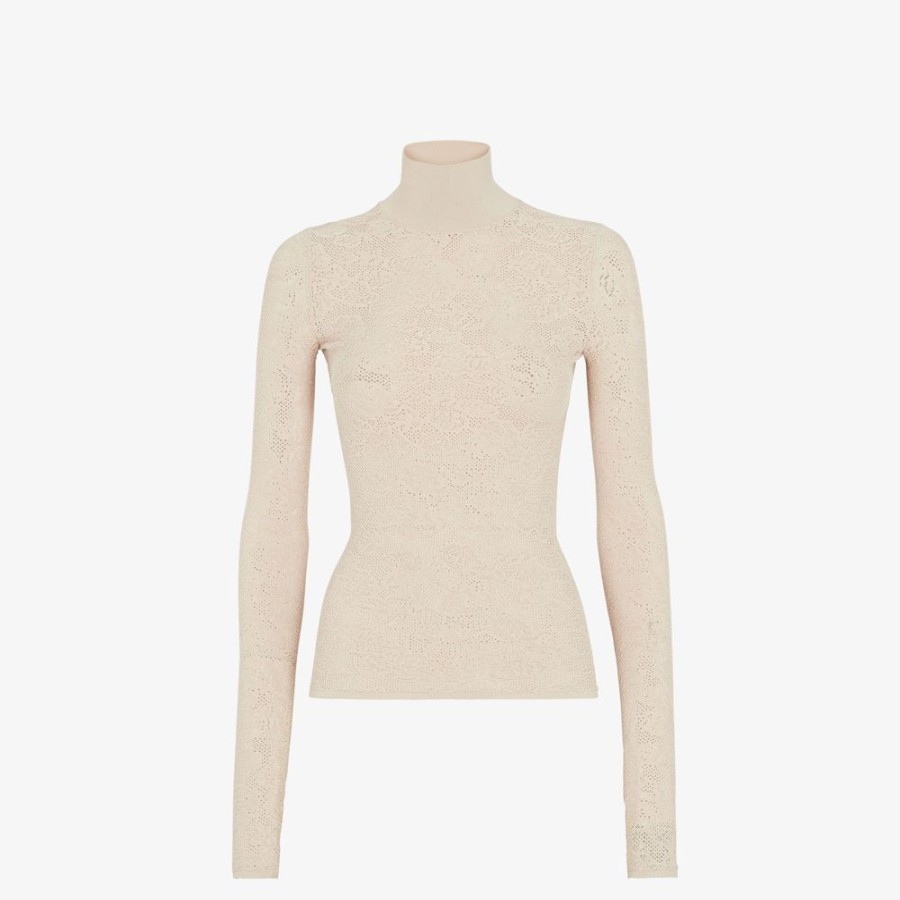 Damen Fendi Strickbekleidung | Besticktes T-Shirt Aus Viskose In Beige