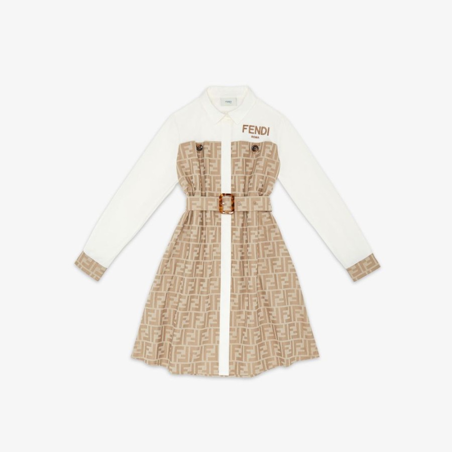 Kids Fendi Ready To Wear | Kleid Aus Weiser Und Beigefarbener Baumwolle Und Popeline Mit Ff-Motiv