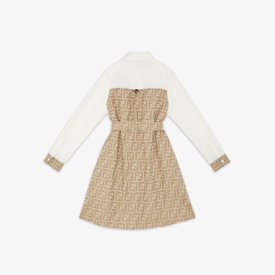 Kids Fendi Ready To Wear | Kleid Aus Weiser Und Beigefarbener Baumwolle Und Popeline Mit Ff-Motiv