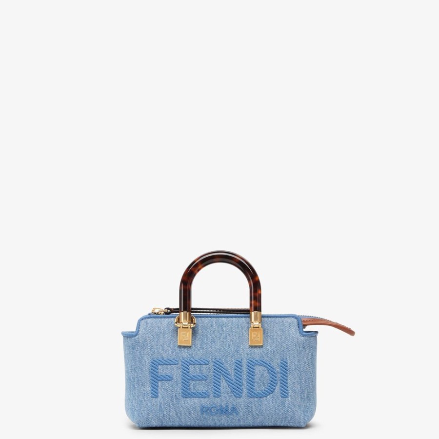 Damen Fendi Mini-Taschen | Kleine Boston Bag Aus Denim In Hellblau