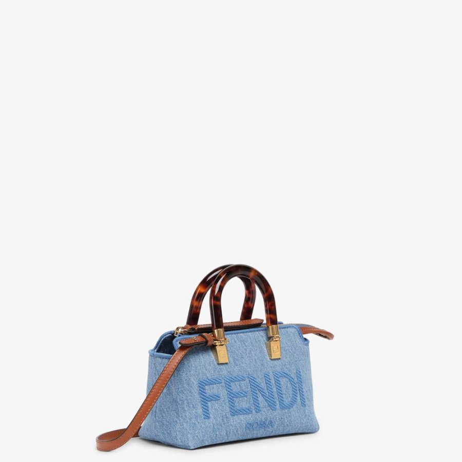 Damen Fendi Mini-Taschen | Kleine Boston Bag Aus Denim In Hellblau