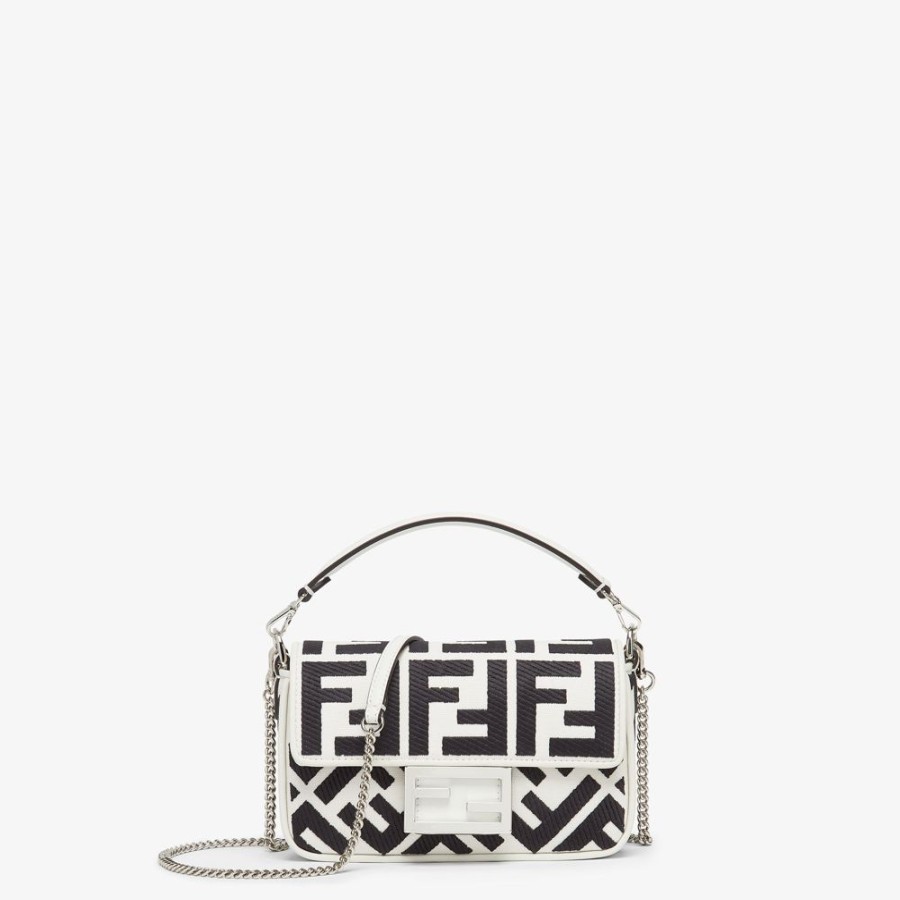 Damen Fendi Mini-Taschen | Tasche Aus Canvas In Weis Und Schwarz Mit Ff-Stickerei