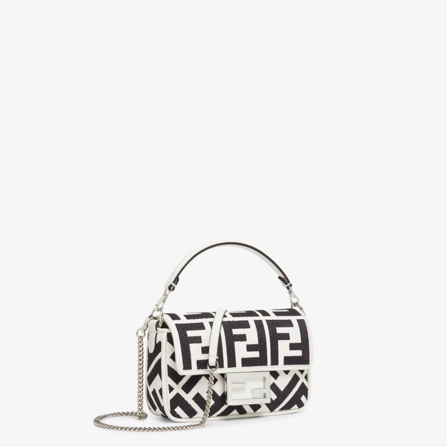 Damen Fendi Mini-Taschen | Tasche Aus Canvas In Weis Und Schwarz Mit Ff-Stickerei