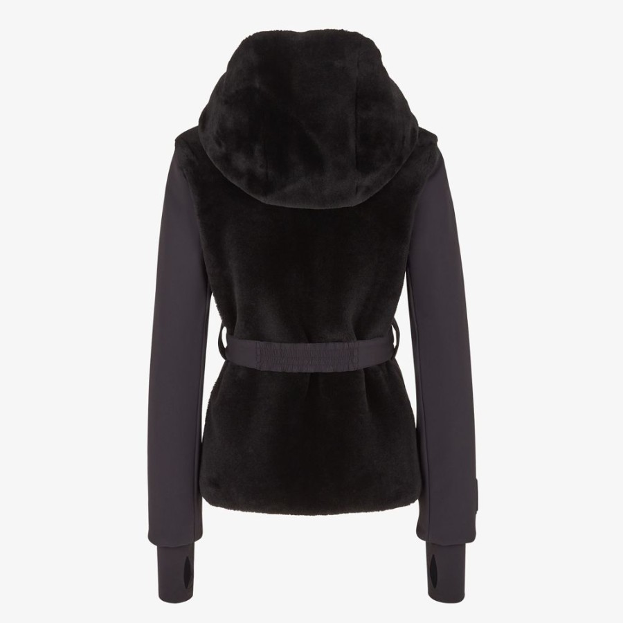 Damen Fendi Skiwear | Daunenjacke Aus Funktionsjersey Und Shearling In Schwarz