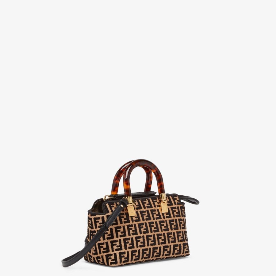 Damen Fendi Mini-Taschen | Boston Bag In Kleiner Grose Aus Raffia-Bast Mit Ff-Muster Aus Gobelingewebe In Schwarz