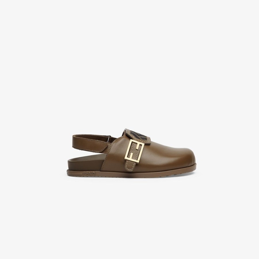 Kids Fendi Schuhe | Junior-Clog Aus Nappaleder In Braun Mit Logo