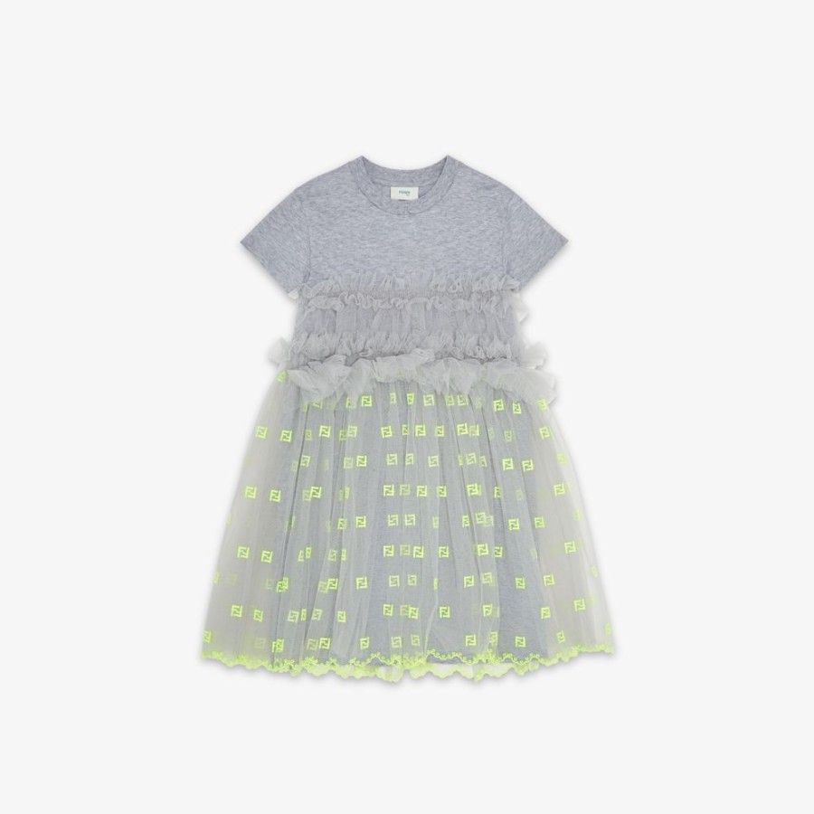 Kids Fendi Ready To Wear | Junior-Kleid Aus Jersey Und Tull In Grau Und Fluoreszierendem Gelb