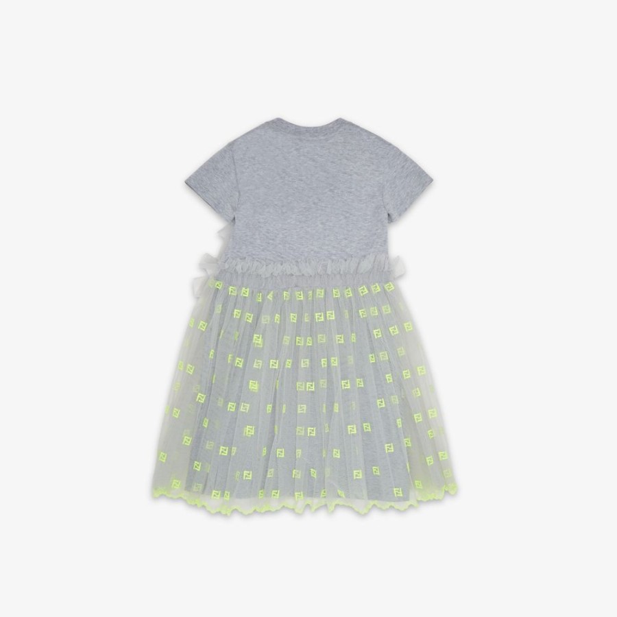 Kids Fendi Ready To Wear | Junior-Kleid Aus Jersey Und Tull In Grau Und Fluoreszierendem Gelb