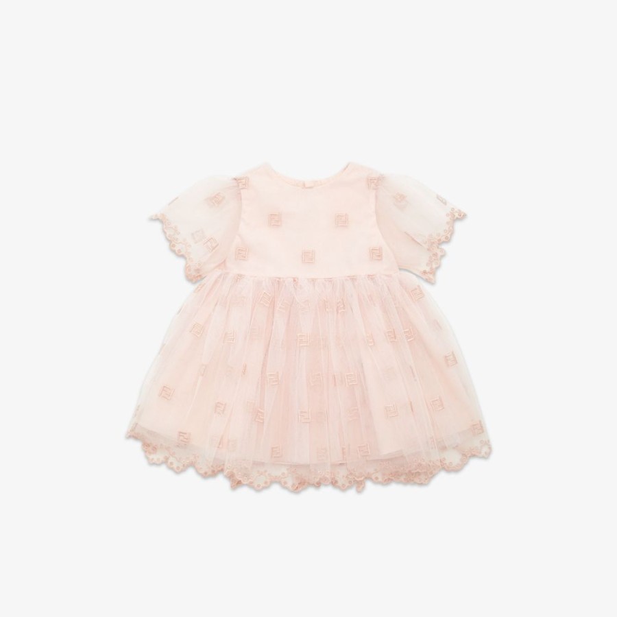 Kids Fendi Baby Madchen | Kleid Aus Tull Mit Stickerei In Rosa