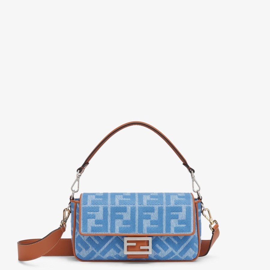 Damen Fendi Schulter- Und Crossbody-Taschen | Tasche Aus Denim In Hellblau Mit Ff-Stickerei