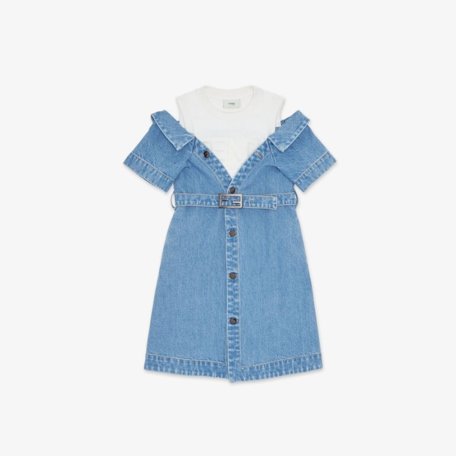 Kids Fendi Ready To Wear | Junior-Kleid Aus Sweatjersey Und Denim