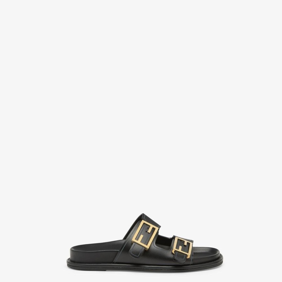 Damen Fendi Pantoletten Und Sandalen | Slide Aus Leder In Schwarz